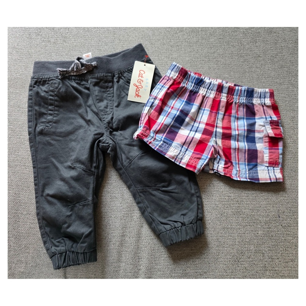 Cat & Jack Gray Joggers NWT & Garanimals Plaid Shorts Lot Baby Boys 0-6M